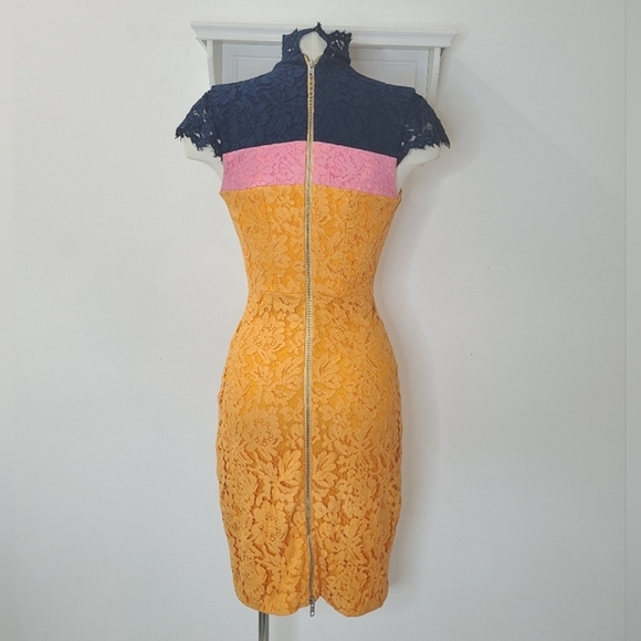 ALEX PERRY High Neck Lace Pencil Dress in Navy Pink & Orange Sz 6/S - Picture 6 of 15